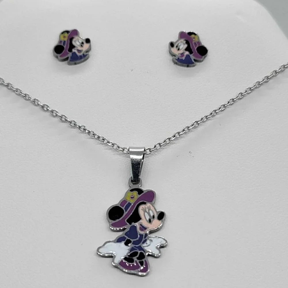 Stainless Steel Minnie Mouse in Purple earrings and necklace